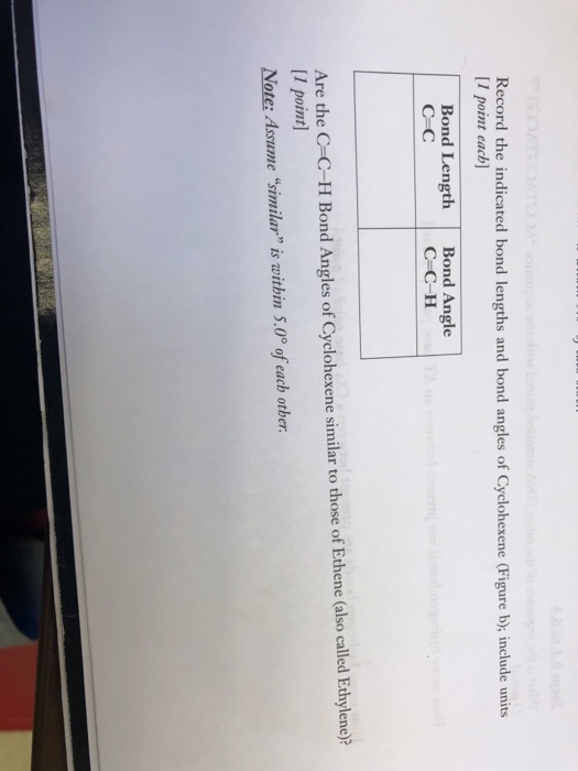 Record the indicated bond lengths and bond angles of Cyclohexene (Figure b); include units [1 point each] Bond Length Bond An