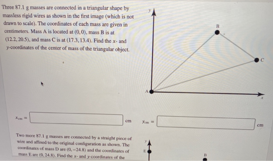 Three 87.1 g masses are connected in a triangular shape by massless rigid wires as shown in the first image (which is not dra