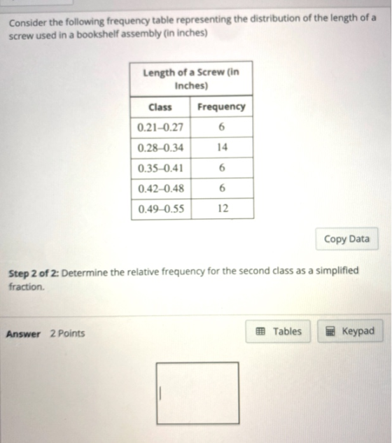 Consider the following frequency table representing the distribution of the length of a screw used in a bookshelf assembly (i