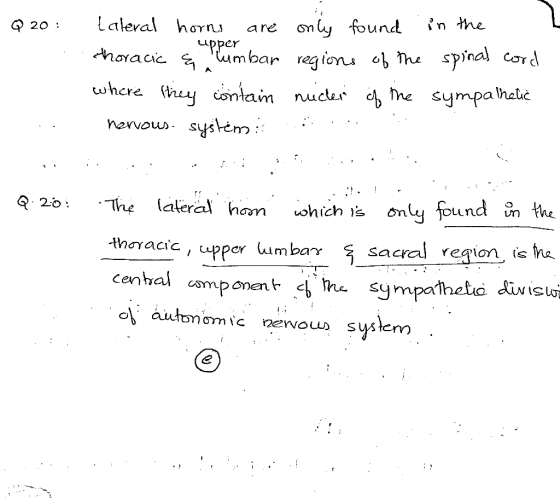 Q 20 : UDDer Lateral horns are only found in the thoracic & lumbar regions of the spinal cord where they contain nucler of th