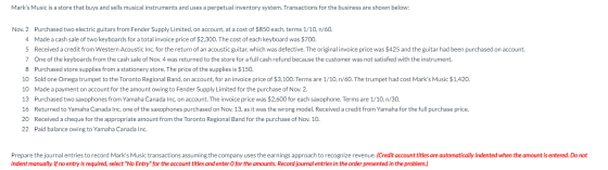 Marks Music is a store that buys and sells musical instruments and uses a perpetual inventory system. Transactions for the b