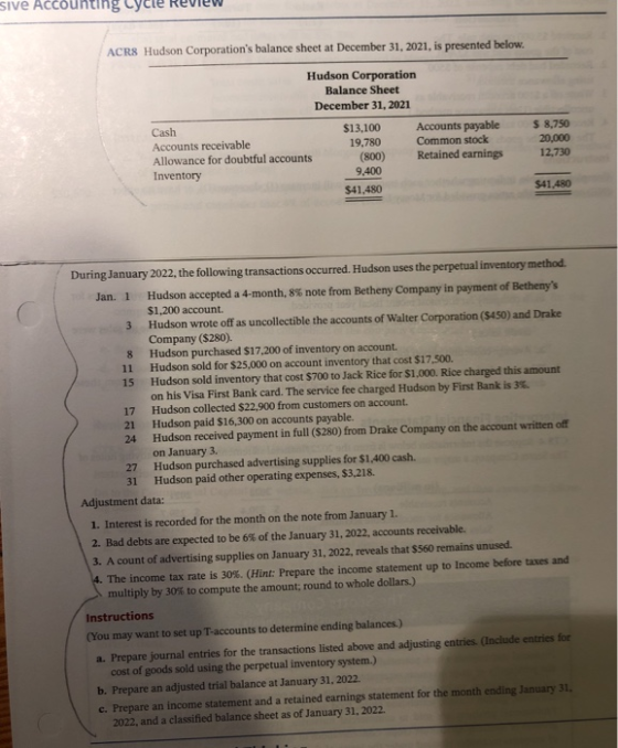 SIve Accounting ACR8 Hudson Corporations balance sheet at December 31, 2021, is presented below. Hudson Corporation Balance