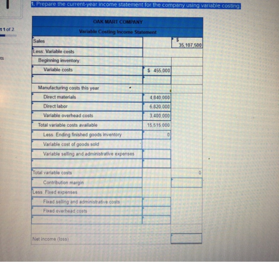 1. Prepare the current-year income statement for the company using variable costing. OAK MART COMPANY t 1 of 2 Variable Costi