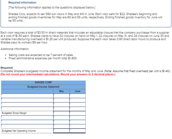 Required Information [The following Information applies to the questions displayed below.] Shadee Corp. expects to sell 590 s