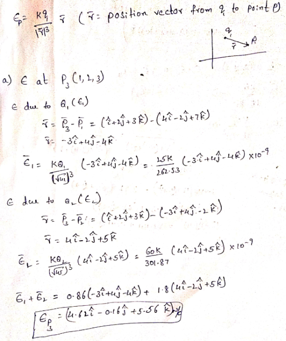 E KI & (r= position vector from a to point e 1913 a) € at P₂ (1, 2, 3) E due to a, (E) %= g - R = (2+2 + 3 E) - (hê - 25 + 7E