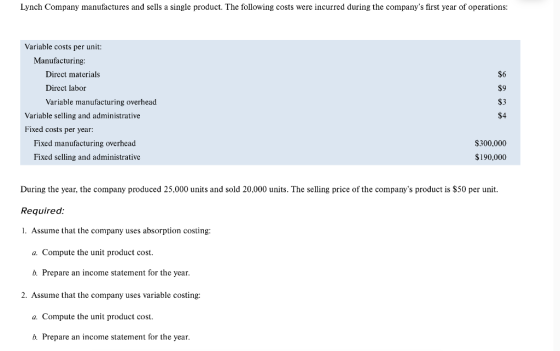 Lynch Company manufactures and sells a single product. The following costs were incurred during the companys first year of o