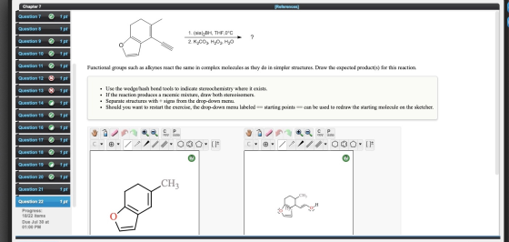 Chapter 7 (References) Question 7 1 pt Question 8 1 pt 1. (sia) BH, THF,0°C 2. K2CO3, H2O2, H20 ? Question 9 1 pt Question 10