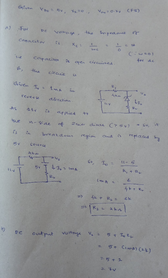 CFR) VoN 0-v Given mpeaance a) For the Notage 3 Caracitar Xct (0=9: for dc 1-e capacito i apen civcuited the ciauit GNen 4kn