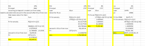 ROI Principal Assuming 1st deposit is made 6 yrs from today 15% 15% ROI 1707 Principal 4% 6% 9577 ROI Principal nper return f