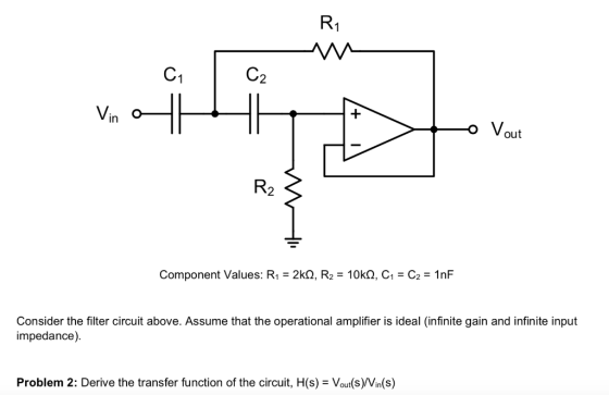 MA C2 Vin out R2 Component Values: R1 = 2k , R2 = 10㏀, Cl = C2 = 1nF Consider the filter circuit above. Assume that the opera