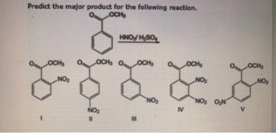 Predict the major product for the following reaction. HNOJHSO осн. O Осно, OCH, O OCH о осны NO2 „.NO NO, NO, ON
