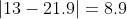 \left | 13-21.9 \right | = 8.9