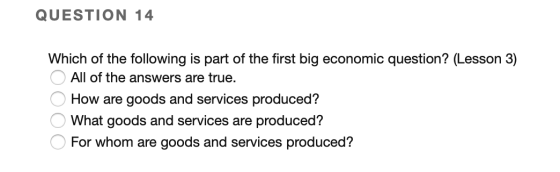 QUESTION 14 Which of the following is part of the first big economic question? (Lesson 3) O All of the answers are true. O Ho