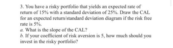 3. You have a risky portfolio that yields an expected rate of return of 15% with a standard deviation of 25%. Draw the CAL fo