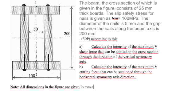 The beam, the cross section of which is given in the figure, consists of 25 mm thick boards. The slip safety stress for nails
