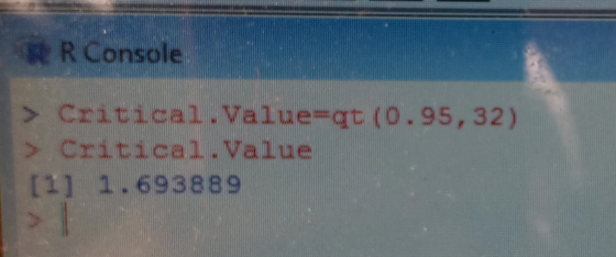 RR Console > Critical.Value=qt (0.95, 32) > Critical. Value [1] 1.693889 >