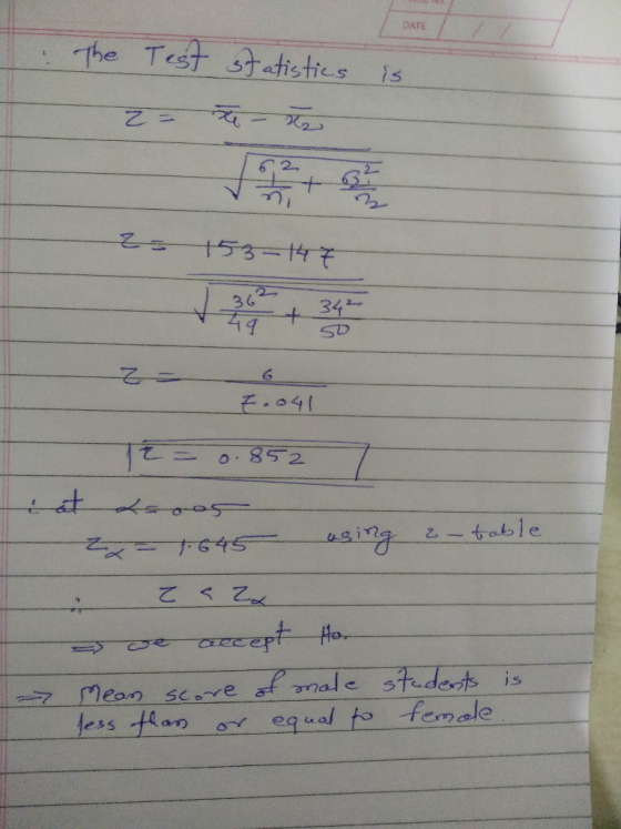 DATE he Test tefistics is on i 3 6 S0 下右 75 て<乙 ep less Hen equal o enale