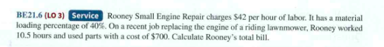 BE21.6 (L03) Service Rooney Small Engine Repair charges $42 per hour of labor. It has a material loading percentage of 40%. O