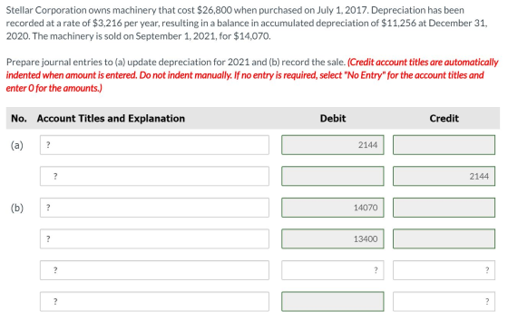 Stellar Corporation owns machinery that cost $26,800 when purchased on July 1, 2017. Depreciation has been recorded at a rate