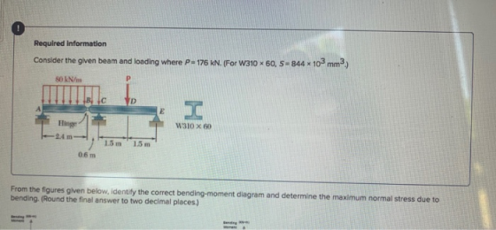 Required Information Consider the given beam and loading where P = 176 kN. (For W310 60, S-844 * 103 mm, SON/m р В с D e Hing