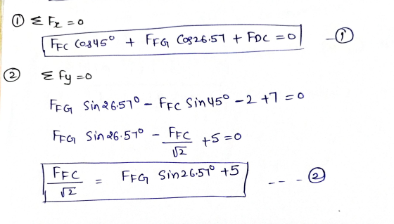 O E F = 0 FFC (0545° + FFG C0826.57 + FDC =o Efyzo FEG Sin 26.51º - Fec Sin 45º - 2 +7=0 +5=0 FEG Sin 26.570 - FFC 02 FEC 12