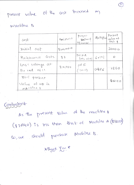 present vae of o tncemed machine n Cos t Iniba (S 2000 atoet Less, salvage at. ind ota Tokal -present 1614- lae of cat nachine B 164s less than that of Machina A (633