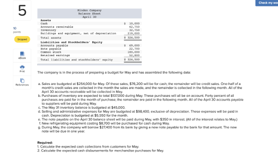 Check my wol 10 Minden Company Balance Sheet April 30 Assets Cash Accounts receivable Inventory Buildings and equipment, net