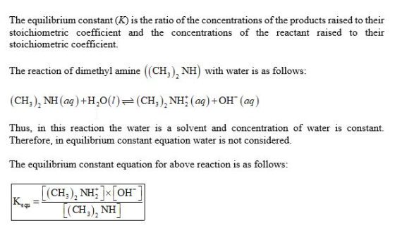 The equilibrium constant (K) is the ratio of the concentrations of the products raised to their stoichiometric coefficient an