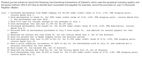 Prepare journal entries to record the following merchandising transactions of Cabelas, which uses the perpetual inventory sy
