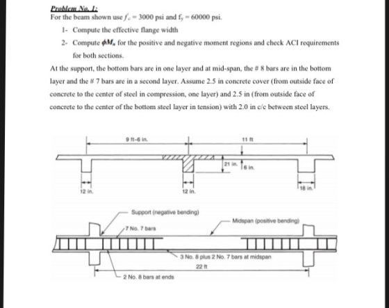 For the beam shown use f-3000 psi and fy 60000 psi. 1- Compute the effective flange width 2- Compute фМ, for the positive and