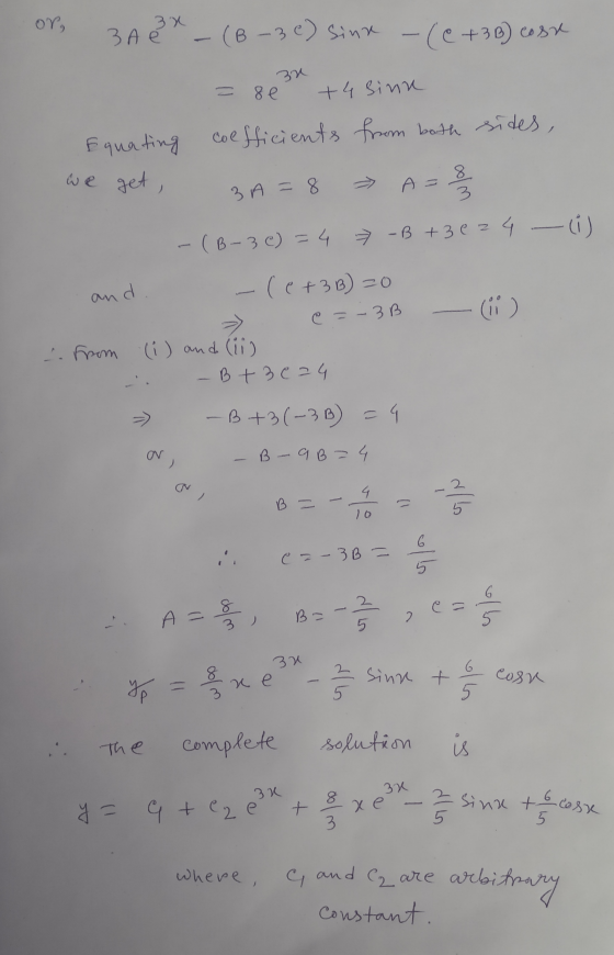 32 + 4 sinn we get , 3 A = = 8 A = wloo and e = -3B 3 sina to coste OY, 3 ABX _ (B-3e) sinx -(@+3B) cast se Equating coeffici