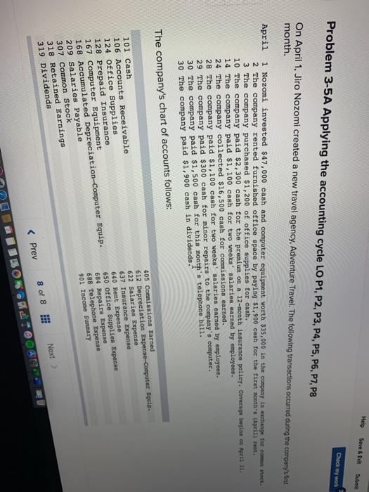 Help Seve Ext Submit Check my work Problem 3-5A Applying the accounting cycle LO P1, P2, P3, P4, P5, P6, P7, P8 On April 1, J