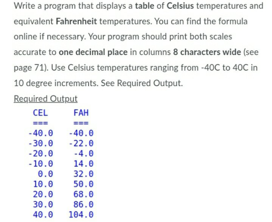 Write a program that displays a table of Celsius temperatures and equivalent Fahrenheit temperatures. You can find the formul