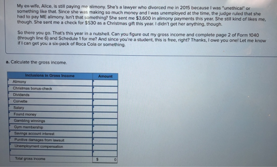 My ex-wife, Alice, is still paying me alimony. Shes a lawyer who divorced me in 2015 because I was unethical or something