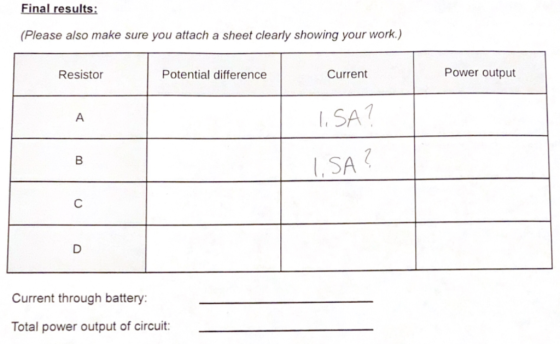 Final results: (Please also make sure you attach a sheet clearly showing your work.) Power output Current Resistor Potential