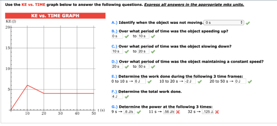 Use the KE vs. TIME graph below to answer the following questions. Express all answers in the appropriate mks uni KE vs. TIME