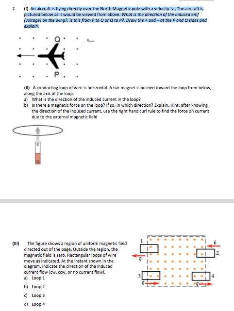 2. (1) An aircraft is flying directly over the North Magnetic pole with a velocity V. The aircraft is pictured below as it wo