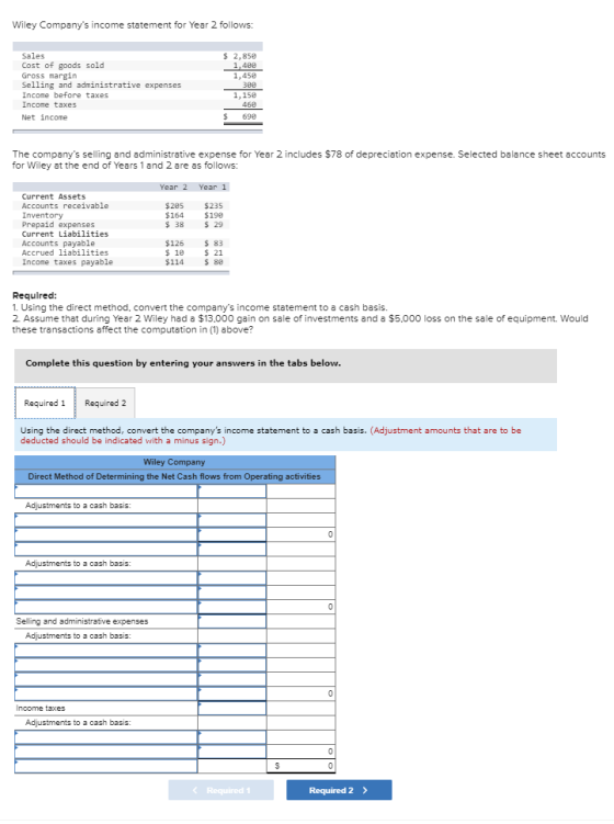 Wiley Companys income statement for Year 2 follows: Sales Cost of goods sold Gross margin Selling and administrative expense
