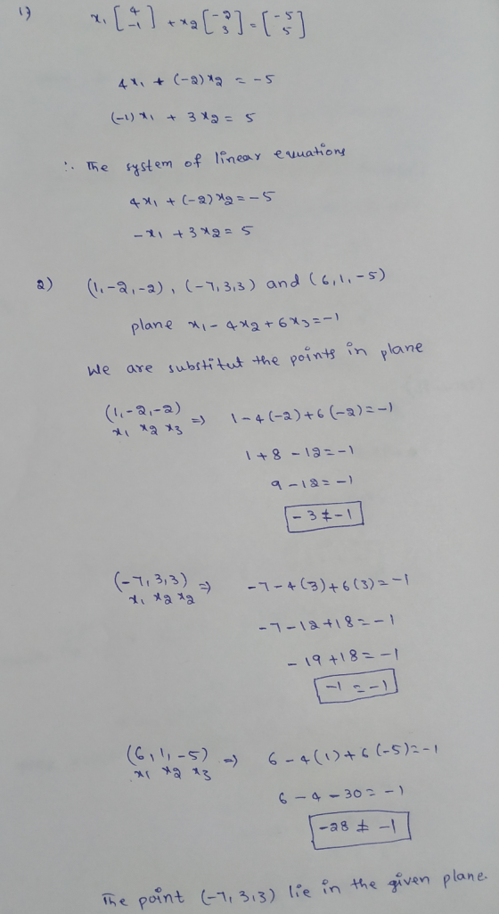 12 a. [] **2131-13) 4x + (-2) ng =-5 (-2) x + 3x2 = 5 The system of linear equations 42, + (-2) Hg =-5 -x+3x2=5 a ) (1.-2,-2)