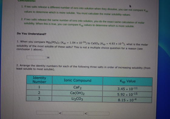 conclusions: 1. If two salts release a different number of ions into solution when they dissolve, you can not compare ko valu
