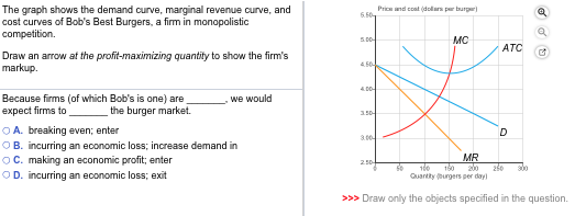 The graph shows the demand curve, marginal revenue curve, and cost curves of Bobs Best Burgers, a firm in monopolistic competition. Price and coat (dollars per burr) MC ATC Draw an arow at the profit-maximizing quantity to show the firms markup. Because firms (of which Bobs is one) arewe would expect firms to A. breaking even; enter B. incurring an economic loss; increase demand in the burger market. MR C, making an economic profit; enter D. incurring an economic loss; exit Quantiy (urgers per >>>Draw only the objects specified in the question.