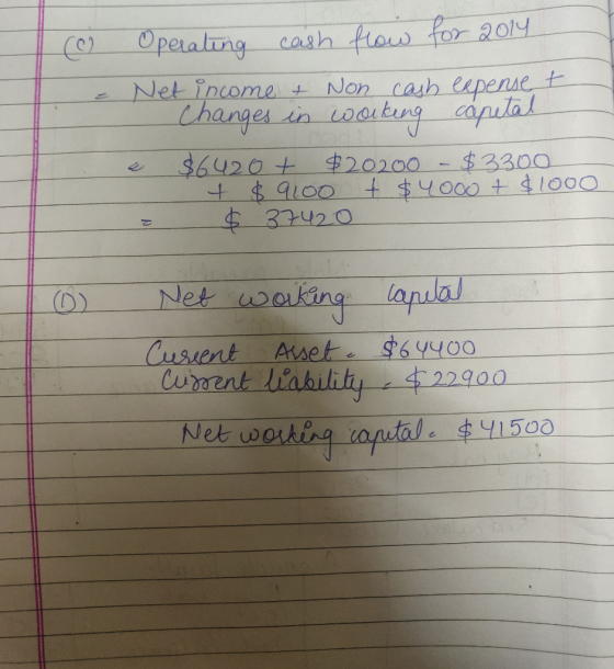 (0) Operaling cash flow for 2014 Net income + Non cash eepense t Changes in wouking cáputal $6420+$20200 - $3300 +$9100 + $40