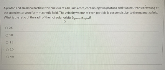 A proton and an alpha particle (the nucleus of a helium atom, containing two protons and two neutrons) traveling at the speed