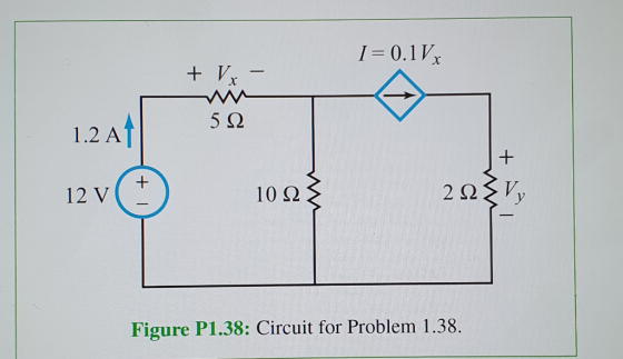 Ι= 0.1V, + V - 5 Ω 1.2A 12v (E) 102ξ 20ξν, Figure P1.38: Circuit for Problem 1.38.