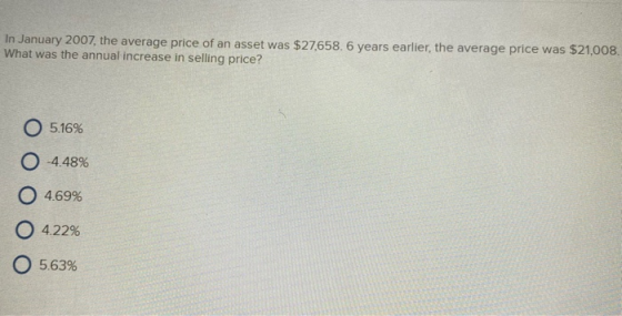 In January 2007, the average price of an asset was $27,658. 6 years earlier, the average price was $21,008. What was the annu
