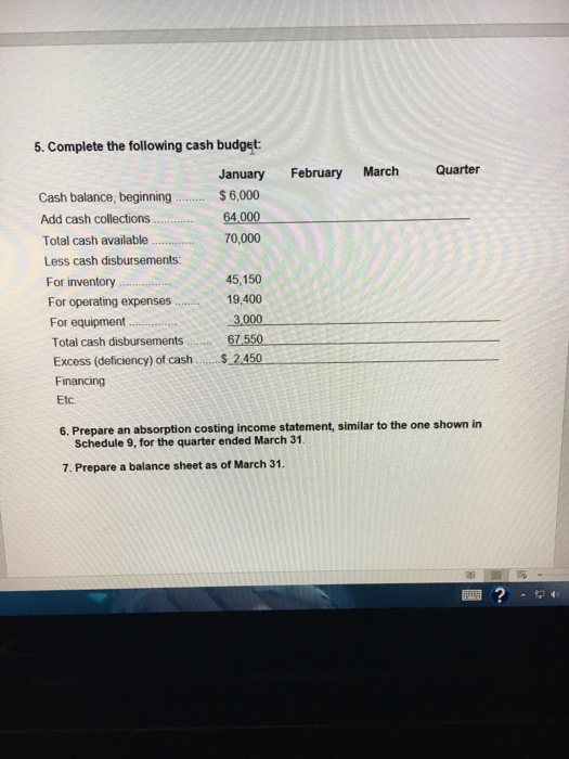 5. Complete the following cash budget: Cash balance, beginning Add cash collections Total cash available Less cash disbursements January February MarchQuarter $ 6,000 64,000 70,000 45, 150 For inventory For operating expenses 19,400 For equipment Total cash disbursements .67 550 Excess (deficiency) of cash2450 Financing 3,000 Etc 6. Prepare an absorption costing income statement, similar to the one shown in Schedule 9, for the quarter ended March 31 7. Prepare a balance sheet as of March 31
