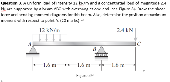 Question 3. A uniform load of intensity 12 kN/m and a concentrated load of magnitude 2.4 kN are supported by a beam ABC with