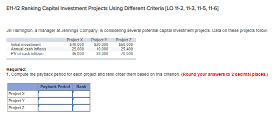 E11-12 Ranking Capital Investment Projects Using Different Criteria [LO 11-2, 11-3,11-5,11-6] Jill Harrington, a manager at J