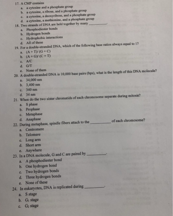 17. A CMP contains a cytosine and a phosphate group a cytosine, a ribose, and a phosphate group a cytosine, a deoxyribose, and a phosphate group a. b. c. d. a cytosine, a methionine, and a phosphate group 18. Two strands of DNA are held together by many a. Phosphodiester bonds b. Hydrogen bonds c. Hydrophobic interactions d. All of these 19. For a double-stranded DNA, which of the following base ratios always equal to 12 a. (A+T(G+C) b. (A+Gy (C+T) c. A/C d. G/T e. None of them 20. A double-stranded DNA is 10,000 base pairs (bps), what is the length of this DNA molecule? a. 34,000 nm b. 3,400 nm c. 340 nm d. 34 nm 21. When do the two sister chromatids of each chromosome separate during mitosis? a. S phase b. Prophase c. Metaphase d. Anaphase 22. During metaphase, spindle fibers attach to the of each chromosome? a. Centromere b. Telomere c. Long arm d. Short arm e. Anywhere 23. In a DNA molecule, G and C are paired by a. A phosphodiester bond b. One hydrogen bond c. Two hydrogen bonds d. Three hydrogen bonds e. None of these 24. In eukaryotes, DNA is replicated during a. S stage b. G? stage c. Gz stage