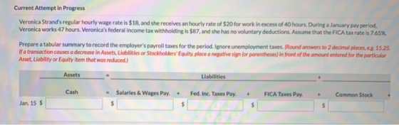 Current Attempt in Progress Veronica Strands regular hourly wage rate is $18, and she receives an hourly rate of $20 for wor